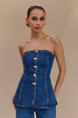 Lennox Strapless Long Line Button Top Dark Blue