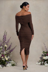 Davina Brown Ruched Twist Bardot Maternity Midi Dress