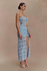 Aeline Strapless Crochet Knit Top Sky Blue