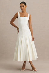 Magnolia White Scoop Neck Midi Dress With Drop Waist And Ruffling Detail