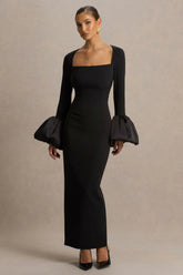 Retreat Black Square Neck Maxi Dress With Satin Puff Sleeves