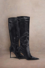 Uptown Black Croc Fitted Over Knee Pointed Heeled Boots