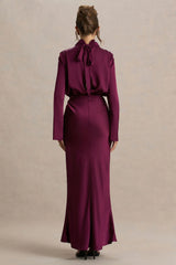 Celina Burgundy Satin High Neck Maxi Dress