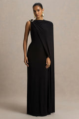 Cressida Black Asymmetric Neck Maxi Dress With Cape And Gold Detail