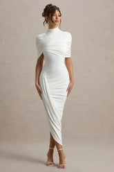 Enchant White Asymmetric Twisted Cape Midi Dress