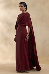 Pristina Burgundy Boat Neck Woven Maxi Dress With Cape Detail
