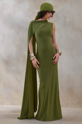 Isdelia Green Asymmetric Neck Maxi Dress With Cape Sleeve