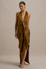 Lynette Olive Satin Plunge Neck Maxi Dress With Asymmetric Hem