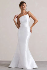 Define White Satin Asymmetric Fishtail Maxi Dress