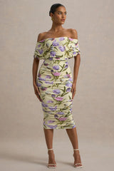 Rayleigh Tulip Floral Print Bardot Ruched Midi Dress