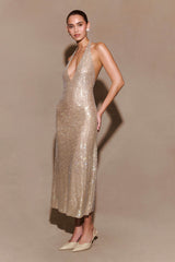 Genie Diamante Halter Midi Dress Nude