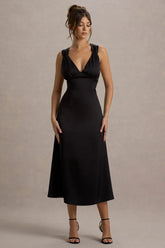 Beck Black Satin Plunge Neck Cross Back Midi Dress
