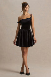 Leticia Black Asymmetric Neck Velvet Mini Dress With Twist Sleeve