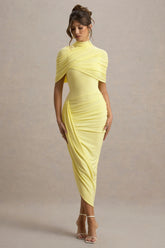 Enchant Lemon Asymmetric Twisted Cape Midi Dress