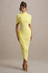 Enchant Lemon Asymmetric Twisted Cape Midi Dress