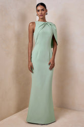Quira Mint Asymmetric Neck Maxi Dress With Cape Sleeve