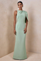 Quira Mint Asymmetric Neck Maxi Dress With Cape Sleeve