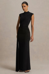 Solene Black High Neck Maxi Dress With Wrap And Drape Detail