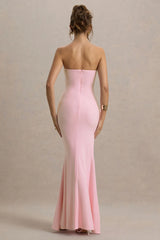 My Muse Pink Ruched Bandeau Split Maxi Dress With Flowers