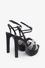 Doll Drama Black Satin Diamante Strappy Platform Heels