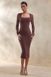 Off Track Brown Bodycon Midi Dress With Sheer Sleeves