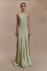 Bella Satin Halter Maxi Dress Sage