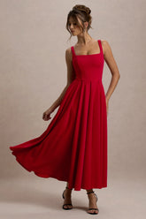Parina Red Strappy Volume Hem Midi Dress