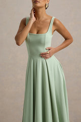 Parina Light Green Strappy Volume Hem Midi Dress