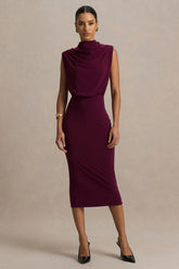 Hermia Burgundy High Neck Midi Dress