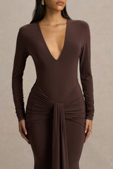 Saffie Chocolate Extreme Plunge Wrap Maxi Dress With Long Sleeves And Ruched Detailing