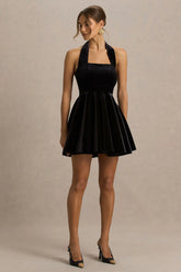 Mirage Black Velvet Halter Neck Mini Dress With Skater Skirt