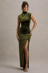 Abilene Olive Velvet High Neck Split Maxi Dress