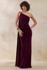 Bettine Burgundy Asymmetric Neck Maxi Dress With Cape Sleeve