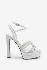 Doll Drama Silver Glitter Diamante Strappy Platform Heels
