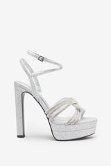 Doll Drama Silver Glitter Diamante Strappy Platform Heels