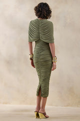 Parisia Olive Round Neck Midi Dress With Cape Detail