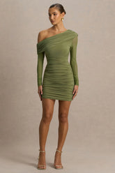 Gina Olive Asymmetric Neck Ruched Mini Dress