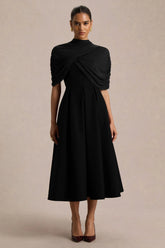 Thalia Black High Neck Midi Dress With Sheer Mesh Cape