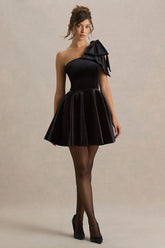 Keeley Black Asymmetric Neck Velvet Mini Dress With Bow Detail