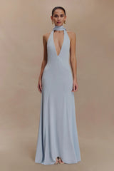 Juliet Slinky Maxi Dress With Scarf Pale Blue