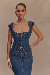 Loretta Cap Sleeve Denim Top Washed Dark Blue