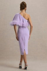 Victory Lilac One Shoulder Midi Dress With Feather Trim