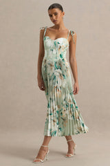 Peyton Green Floral Print Satin Sweetheart Neck Midi Dress With Pleated Details