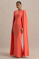 Mimi Coral High Neck Maxi Dress With Cape Sleeve Detail