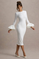 Celie White Long Sleeve Midi Dress With Puff Cuffs