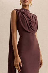 Patrina Brown High Neck Maxi Dress With Draped Detailing And Cape Sleeves