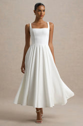 Parina White Strappy Volume Hem Midi Dress