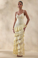 Avelisse Lemon Lace Plunge Neck Maxi Dress With Ruffled Detailing