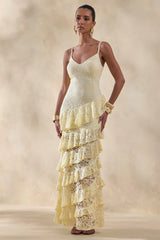 Avelisse Lemon Lace Plunge Neck Maxi Dress With Ruffled Detailing