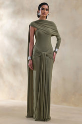Trisara Olive Asymmetric Neck Maxi Dress With Gathered Detailing And Sash